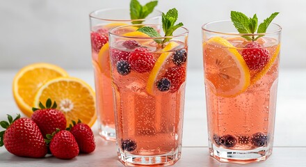 Delicious sparkling berry lemonade in tall glasses, beautifully garnished for a refreshing treat.

