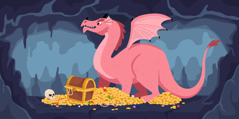 Fototapeta premium Dragon in mountain cave guards pile of gold coins and gems. Treasure chest and golden heaps. Legendary monster. Winged and horned animal. Mythological wealth safety. Vector concept