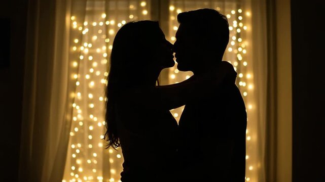 Silhouette of couple kissing in warm backlight, romantic sunset or fairy light scene, 4K