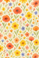 Wildflower Meadow Watercolor Illustration, Colorful Botanical Field with Spring Bloom