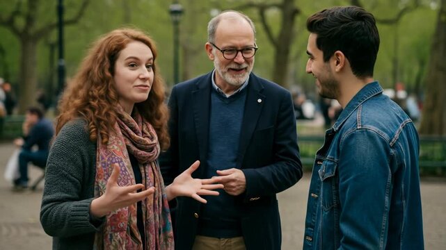 Three people converse animatedly in a park, sunlight dappling through trees.