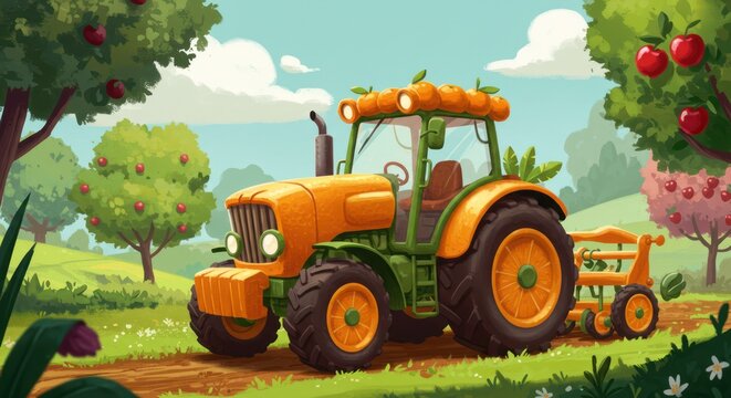 Vintage red farm tractor in a green field with hay bales, a classic agricultural machine