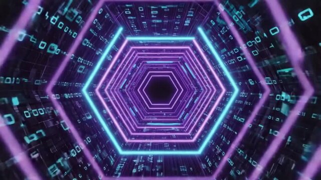 Vibrant purple digital tunnel with glowing neon lines and binary code