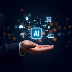 Futuristic AI Interface in Human Hand – Innovative Artificial Intelligence Concept