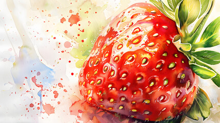 close-up watercolor painting of a ripe strawberry