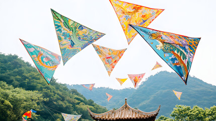 Colorful triangular kites soaring in nature
