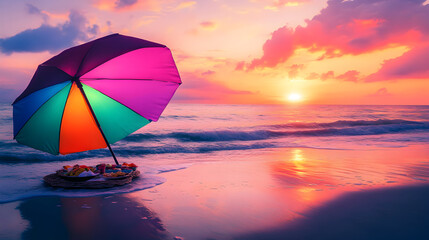 Colorful umbrella on beach at sunset