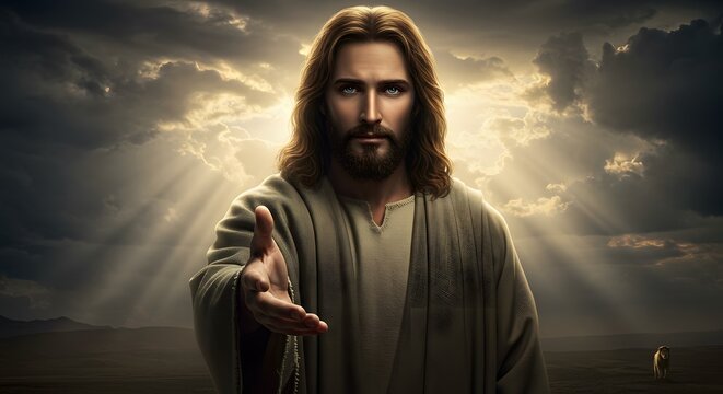 Jesus Christ extending his hand in a gesture of welcome, surrounded by divine light.