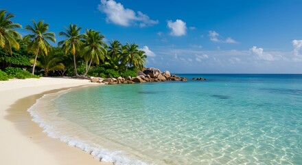 Fototapeta premium A pristine tropical beach with crystal clear turquoise water lapping the white sand shore lined with palm trees.