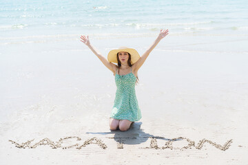Caucasian beautiful woman enjoy relaxing and walking along the beach, reflecting on summer...