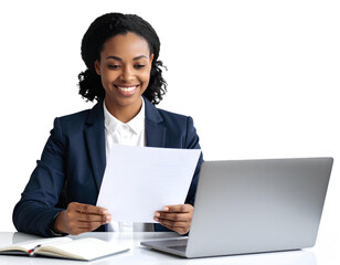 Smiling businesswoman reviewing paper documents while working on laptop, isolated on transparent background – office productivity concept.
