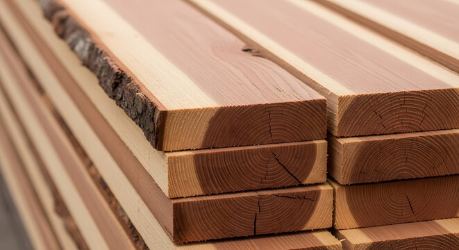 A close-up view of stacked red cedar planks with a live edge, showcasing the rich two-tone heartwood and sapwood.
