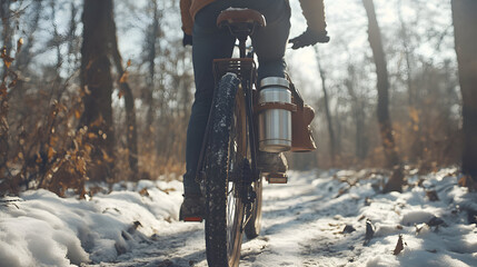 Cyclist on bicycle in snowy forest path