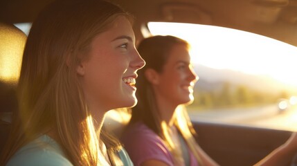 Two young women smiling in a car during golden hour, capturing joy and travel moments.