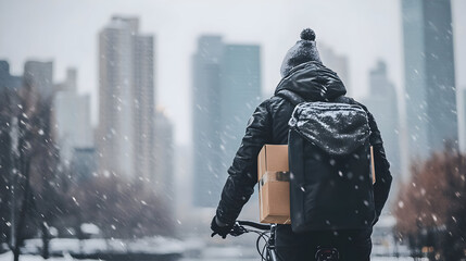 Delivery person walking through snowy city