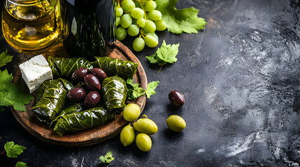 Dolmades with feta olives and wine traditional greek dish
