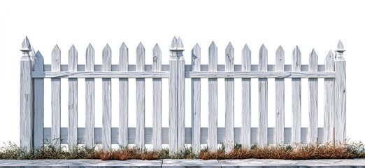 Weathered white picket fence on pavement
