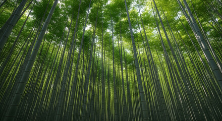 Fototapeta premium A low-angle perspective looking up through a dense, serene green bamboo forest as sunlight filters through the lush canopy.