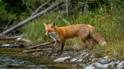 A fox stands alert at the edge of a riverbank, surrounded by vibrant greenery and rocky terrain. The golden hour sunlight enhances its striking orange coat, creating a serene atmosphere.