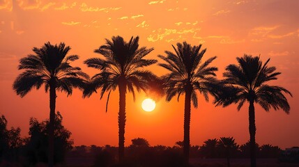 Obraz premium The silhouette of date palm trees against a fiery orange sunset