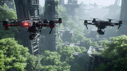 Drones over desolate cityscape