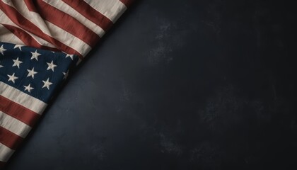 An American flag drapes over a dark textured surface. The flag features red and white stripes with blue and white stars, symbolizing patriotism and national pride.