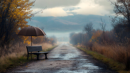 Empty bench under umbrella on rainy autumn road