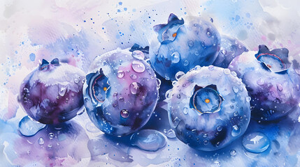 close-up watercolor painting of fresh blueberries