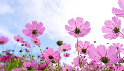 Fototapeta premium Pink cosmos flowers against a bright sky
