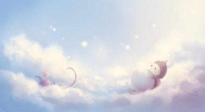 Two whimsical cartoon creatures, a pink cat and a monkey, rest on soft, sparkling clouds in a dreamy sky.