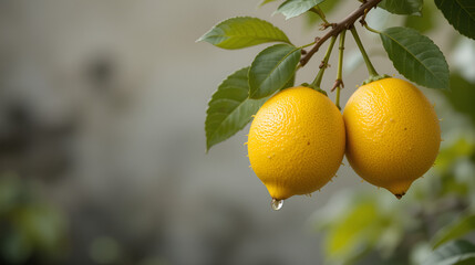 Three  lemons hanging from branch with gr