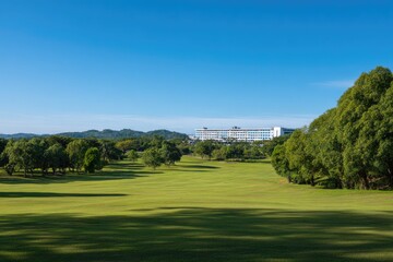 Obraz premium Lush green golf course with distant hotel under a vibrant blue sky