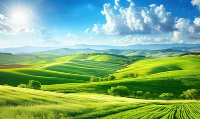 Green rolling hills landscape under a sunny blue sky with white clouds