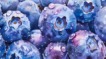 close-up watercolor painting of fresh blueberries