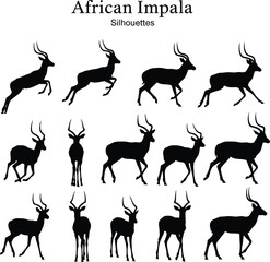 African impala silhouettes, antelope animal vector, wildlife illustration set, African savannah icon, jumping impalas graphic, male impala shapes, isolated black silhouettes, nature art