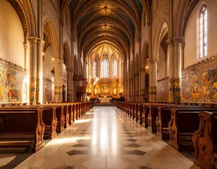 Grand church interior, sunlight streams (1)