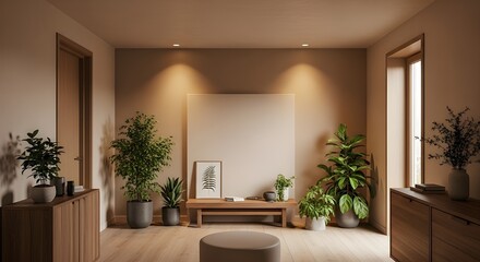 Fototapeta premium A tranquil, modern living room with a large blank canvas on a beige wall, surrounded by lush potted plants and wooden furniture under warm spotlights.