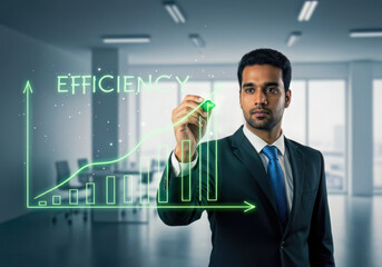 Confident businessman using a glowing digital pen to draw an efficiency growth chart in a contemporary office