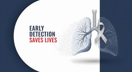 A medical banner for lung cancer awareness month with particle art lungs and a white ribbon promoting the message that early detection saves lives
