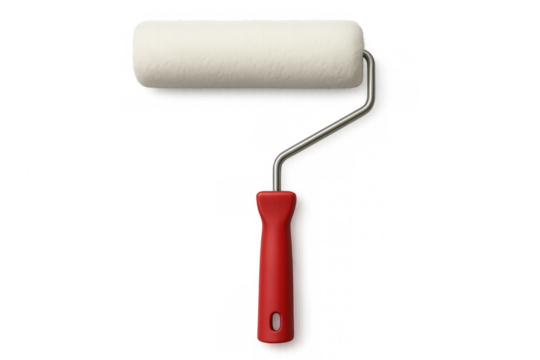 Clean paint roller with red handle on transparent background