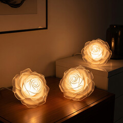 Romantic pink roses with sparkling wedding rings on a table