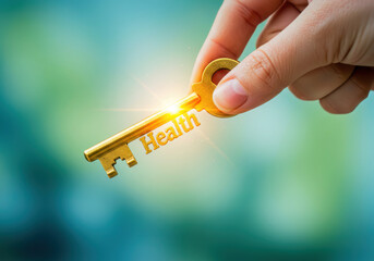 A Hand Gently Holds a Shimmering Golden Key Engraved with the Word 'Health' Against a Serene, Blurred Green Background
