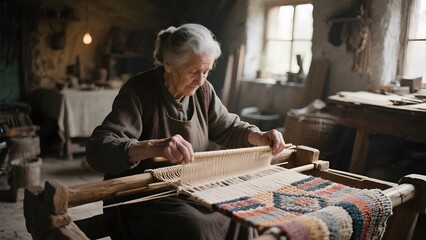 Elderly woman weaving a colorful textile on a traditional loom in a rustic workshop