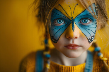 Waist up portrait of cute preschooler with DIY face paint wearing a butterfly halloween or carnival costume.