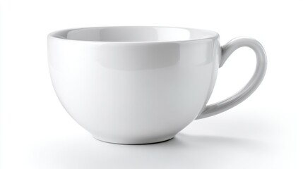 A plain white ceramic cup rests on a smooth, flat surface, highlighting its minimalist design perfect for enjoying coffee, tea, or other beverages.