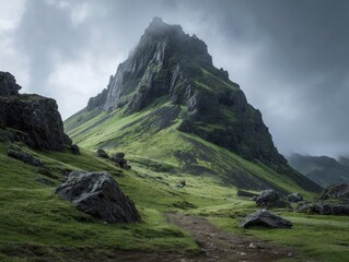 Naklejka premium Majestic peak, green slopes, overcast sky, rocky foreground
