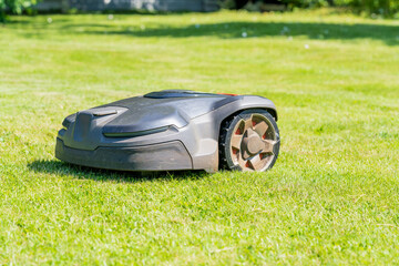Robotic lawn mower automatically cutting grass on green lawn in sunny backyard. Modern smart...