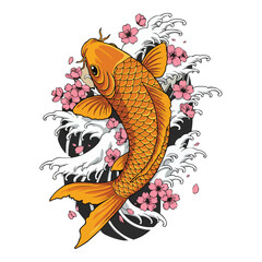 Golden Koi Fish with Cherry Blossoms and Waves