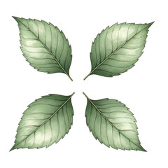 Set of four green watercolor leaves with detailed veins