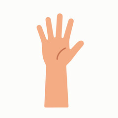 Fototapeta premium A cartoon human hand with fingers raised in a greeting or stop gesture on white background